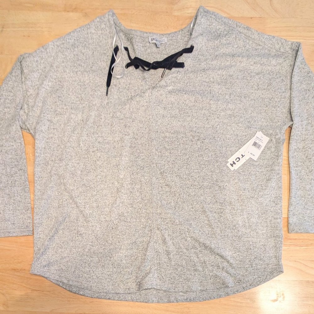 Sportelle - Women's Plus Size Long Sleeve Lacing V-Neck Solid Hacci Top - Size 2